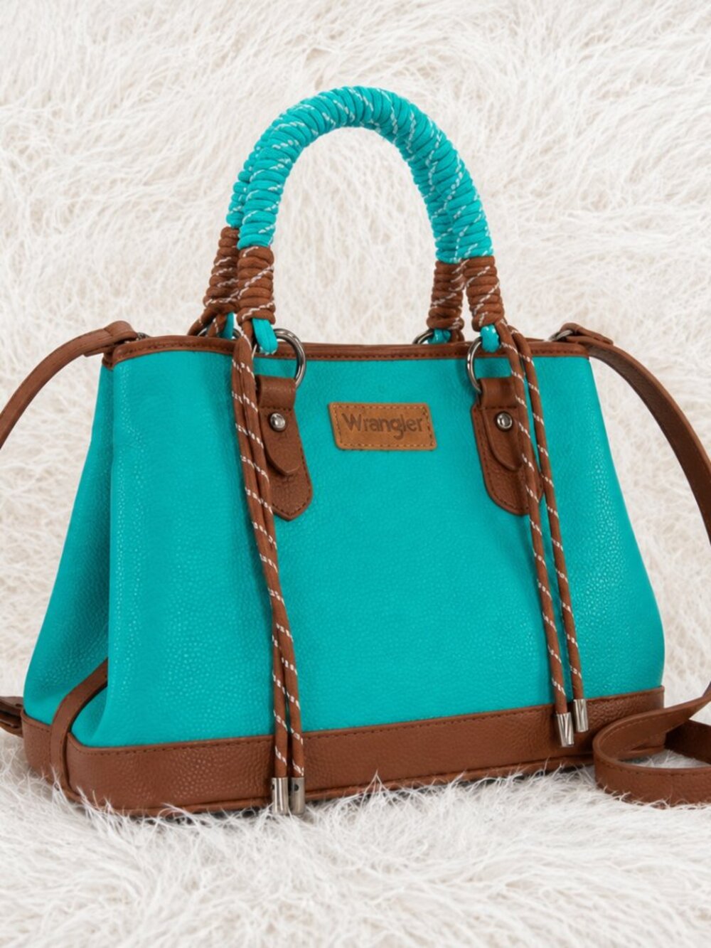🩵 Wrangler Turquoise & Brown Braided Handle Tote Bag – Crossbody Strap